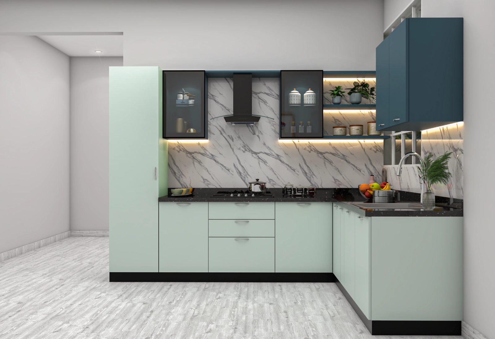 Green L Shaped Kitchen