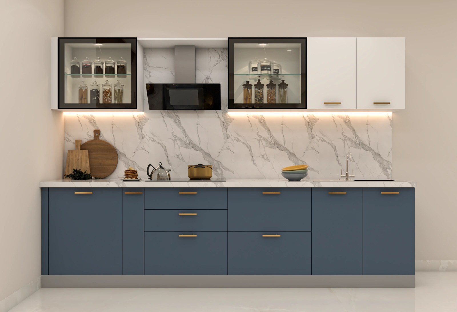 Grey Straight Kitchen with Transparent Shelves