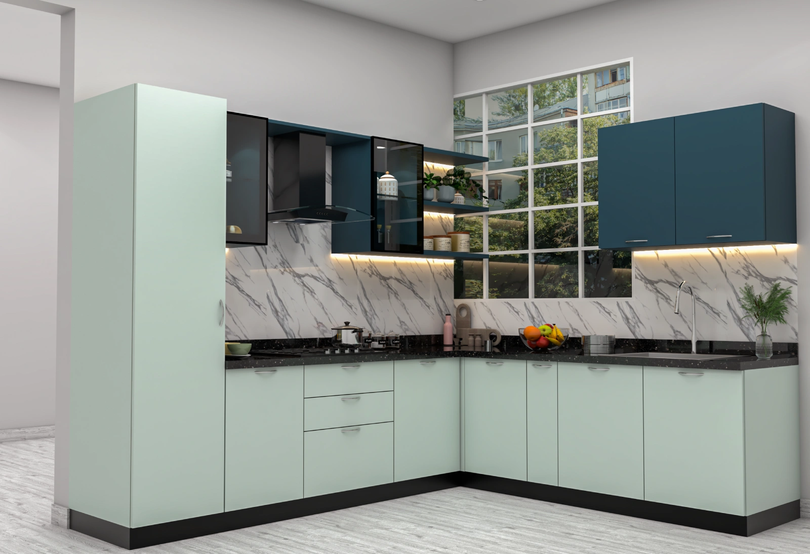 L Shaped Kitchen Mint Green