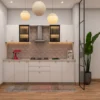 Modern white straight-line kitchen with minimalist cabinetry and spacious countertops.